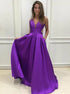 A Line V Neck Open Back Purple Satin Prom Dress LBQ0279