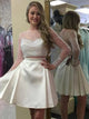 White Bateau Long Sleeves Mini Satin Lace Prom Dress with Beadings