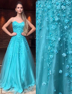 Blue Sweetheart Floor-Length A-line Prom Dress with Beading Appliques Pearls GJS675