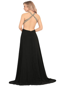 A Line Criss Cross Chiffon Scoop Sweep Train Prom Dresses With Beadings
