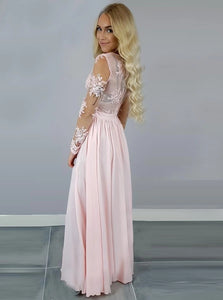 A Line V Neck Pink Chiffon Floor Length Prom Dresses with Appliques