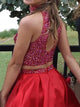 Two Piece High Neck Short Red Open Back Prom Dress Beading with Pockets