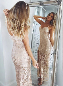 Pink Sheath Spaghetti Straps Lace Prom Dresses with Sequins  and Side Slit