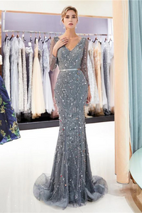 Long Sleeves Grey Rhinestone Tulle Mermaid Evening Prom Dresses LBQ1650