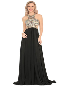 A Line Criss Cross Chiffon Scoop Prom Dresses With Beadings