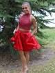 Two Piece High Neck Short Red Satin Prom Dress Beading with Pockets