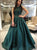 A Line Sleeveless Bateau Neck Dark Green Open Back Satin Prom Dresses