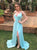 A Line V Neck Sleeveless Sweep Train Criss Cross Mint Satin Prom Dress with Split