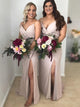 Sheath Spaghetti Straps Blush Floor Length Bridesmaid Dress with Split 