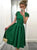 A Line Cap Sleeves Short Green Satin Appliques Prom Dresses
