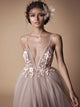 A Line Spaghetti Straps Tulle Champagne Prom Dresses with Appliques