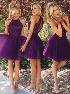 Purple Open Back Short Purple Prom Dresses with Beading Ruffles
