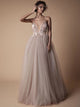A Line Spaghetti Straps Tulle Sweep Train Prom Dresses with Appliques