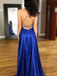 Spaghetti Straps Royal Blue Satin Prom Dresses with Split 