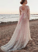 A Line V Neck Long Sleeves Lace Sweep Train Prom Dresses With Appliques