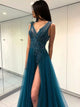 A Line V Neck Turquoise Tulle Sweep Train Prom Dress with Appliques and Beadings 