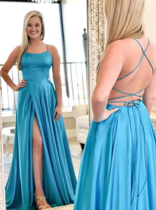 Sexy A Line Spaghetti Straps Royal Blue Satin Prom Dresses with Split 