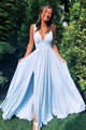 Sexy Sky Blue V Neck A-line Long Prom Evening Dresses GJS241