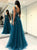 A Line V Neck Turquoise Tulle Open Back Prom Dresses with Appliques and Beadings 