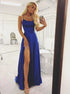 A Line Spaghetti Straps Royal Blue Satin Prom Dress with Split LBQ0283