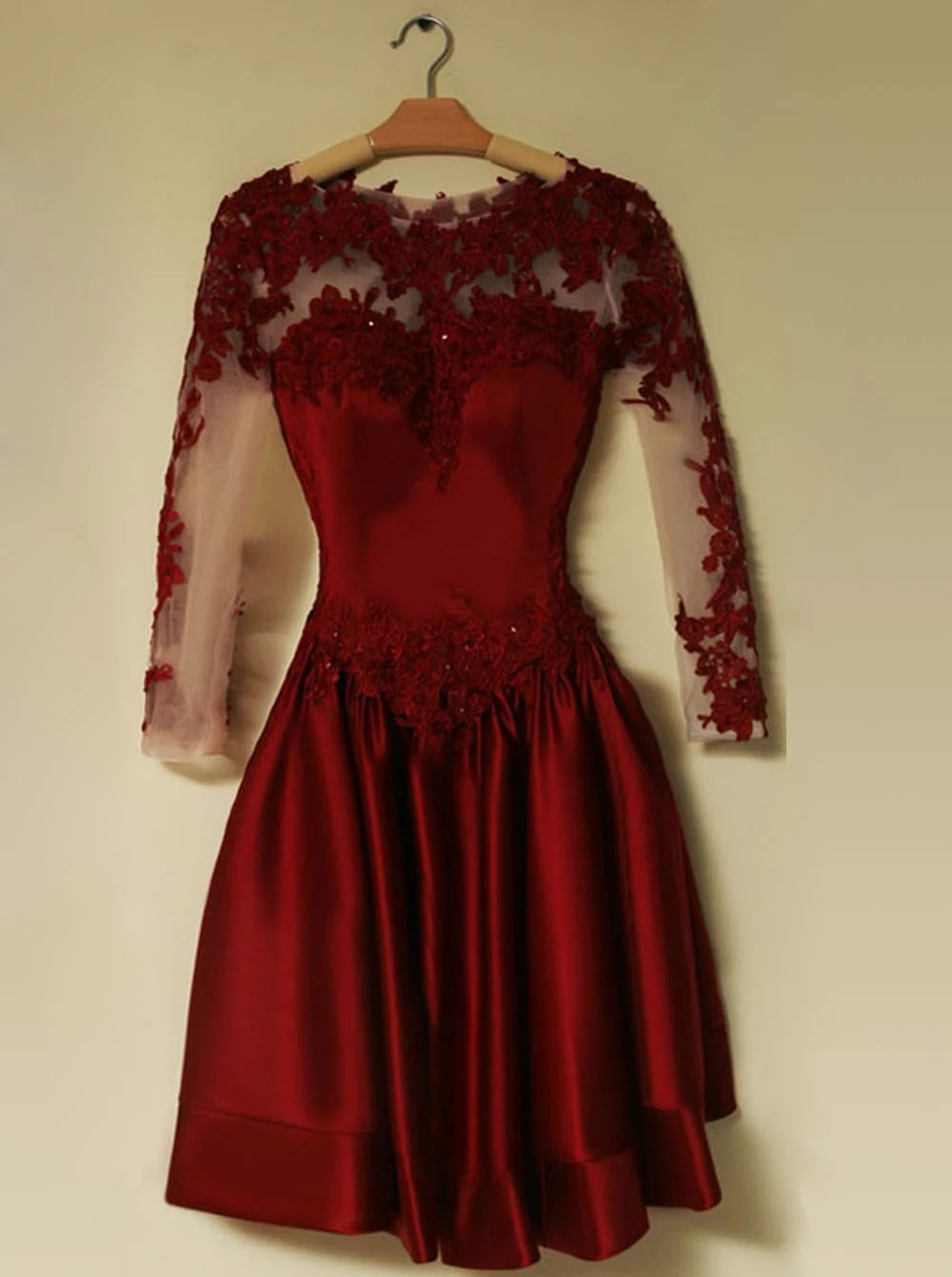 Long Sleeves Short Dark Red Lace Prom Homecoming Dress | Alinepromdress Long Sleeves Short Dark Red Lace Prom Homecoming Dress | Alinepromdress