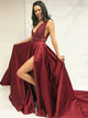 A Line V Neck Split Burgundy Satin Sleeveless Prom Dresses with Lace