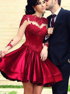 A Line Jewel Long Sleeves Short Dark Red Lace Prom Homecoming Dresses