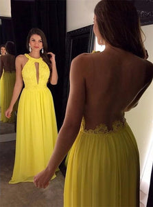 A Line Scoop Chiffon Backless Prom Dresses With Appliques