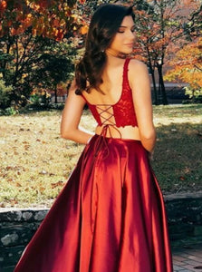 Sexy Two Pieces Satin Straps Lace Up Sleeveless Prom Dresses with Slit