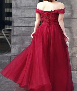  A Line Off The Shoulder Tulle Appliques Sleeveless Prom Dresses
