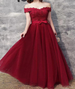  A Line Off The Shoulder Tulle Appliques Lace Up Prom Dresses