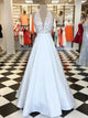 A Line V Neck Stain White Sweep Train Prom Dress with Appliques Pockets