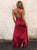 A Line Scoop Floor Length Red Elastic Satin Prom Dresses with Slit