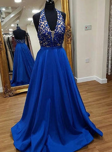 A Line V Neck Blue Stain Prom Dress with Appliques Pockets