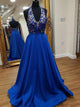 A Line V Neck Blue Stain Prom Dress with Appliques Pockets