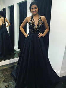A Line V Neck Black Stain Open Back Prom Dress with Appliques Pockets