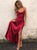 A Line Scoop  Red Elastic Satin Criss Cross Prom Dresses with Split 