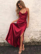 A Line Scoop  Red Elastic Satin Criss Cross Prom Dresses with Split 