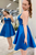 Open Back V Neck Blue Satin Short Prom Homecoming Formal Graduation Evening Dress GJS684