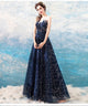 Fancy Blue A Line Sleeveless Open Back Long Prom Evening Dress ZXS481