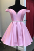 Pink Satin Off the Shoulder Short Prom Homecoming Dress with Belt GJS687