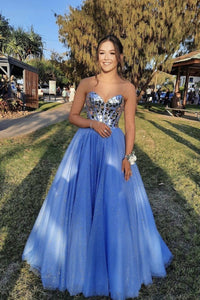 Blue Tulle Sequins Strapless Long Prom Dress Evening Gown GJS258