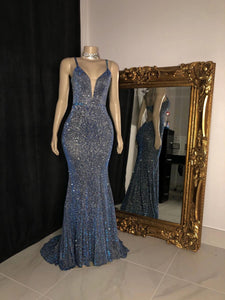 Glitter Mermaid Spaghetti Straps V Neck Open Back Formal Evening Party Gowns GJS610