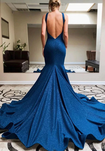 Blue Mermaid Backless Long Prom Evening Dress GJS623