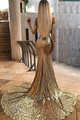 Deep V-Neck Mermaid Gold Beaded Prom Dress ,Cheap Prom Dresses GJS223