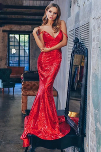 Spaghetti Straps Mermaid Sequin Red Prom Dresses LBQ0617