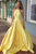 A Line Halter Yellow Satin Prom Dresses with Pearls LBQ3673