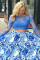 Bateau Long Sleeves Blue Satin  and Lace Prom Dress with Beadings LBQ0359