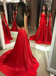 A Line Spaghetti Straps Red Satin Criss Cross Prom Dresses with Split 