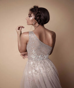One Shoulder Tulle Sequins With Slit Prom Dresses LBQ0315